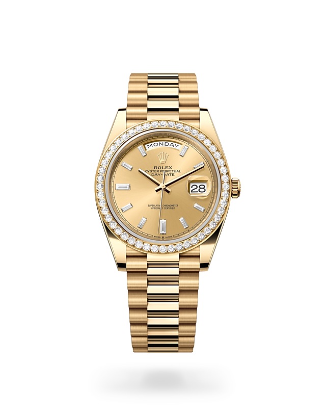 Rolex Day-Date 40 in Oyster, 40 mm, yellow gold and diamonds - M228348RBR-0002 at Woo Hing Brothers