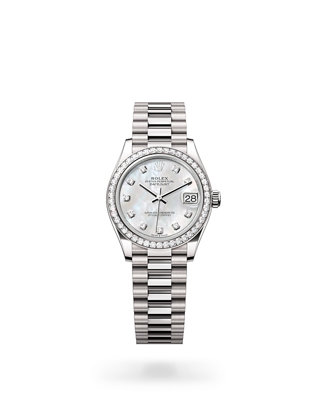 Rolex Datejust 31 in Oyster, 31 mm, white gold and diamonds - M278289RBR-0005 at Woo Hing Brothers